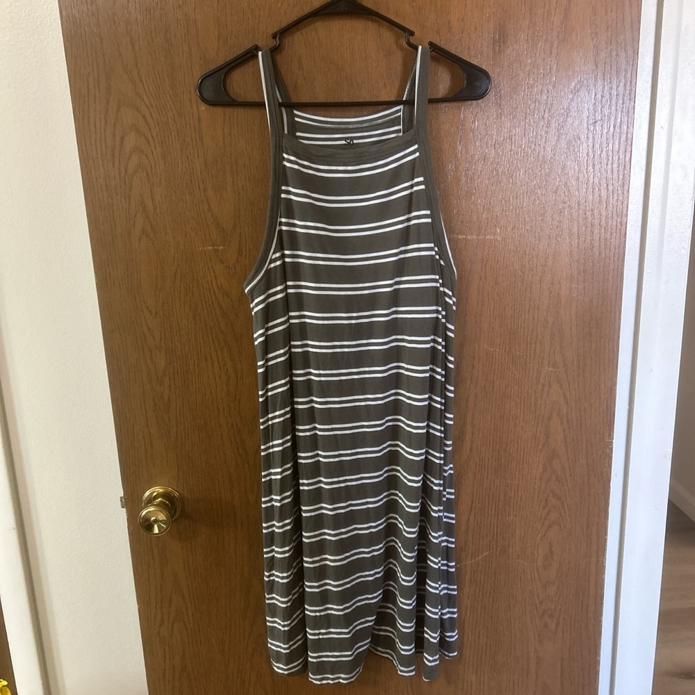 SO Olive and White Striped Sleeveless midi Dress